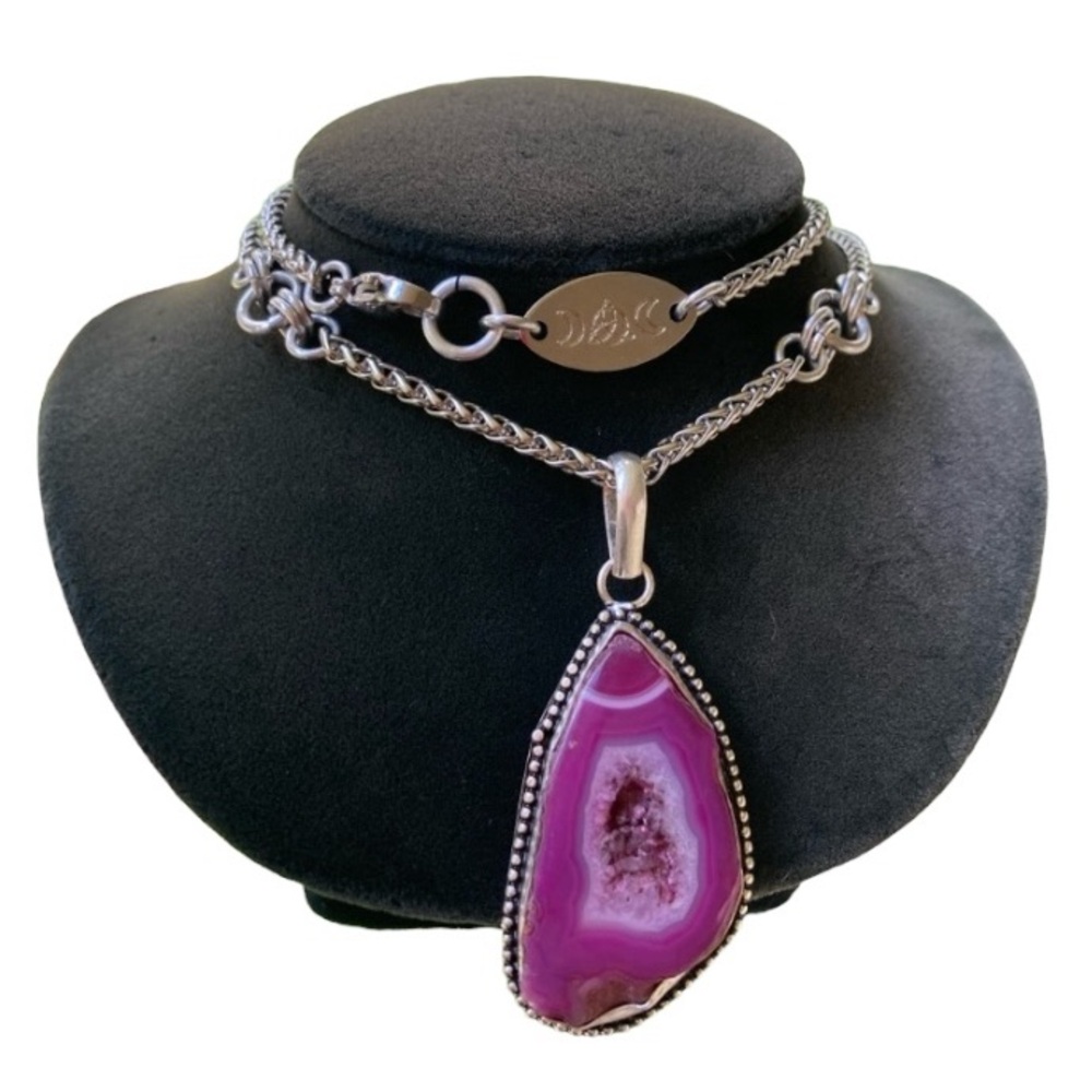 925 sterling silver overlay charm pink geode agate slice gemstone boho necklace - Picture 4 of 11
